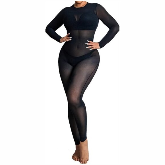 Suprenx Women's  Long Sleeve Mesh Sheer Bodycon Jumpsuit -S - Picture 1 of 8